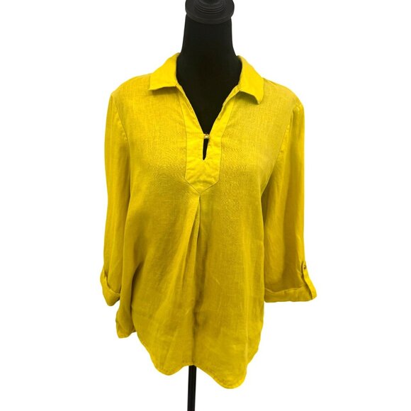 Ellen Tracy Womens Linen Blouse Womens M Yellow‎ 3/4 Sleeve Button Detail Collar - Picture 1 of 7